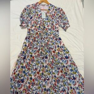 Boden Pink Floral V-Neck Dress with Multicolor Print